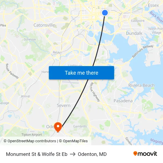 Monument St & Wolfe St Eb to Odenton, MD map