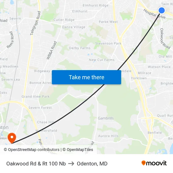 Oakwood Rd & Rt 100 Nb to Odenton, MD map