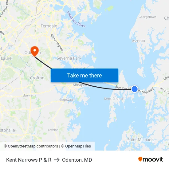 Kent Narrows P & R to Odenton, MD map