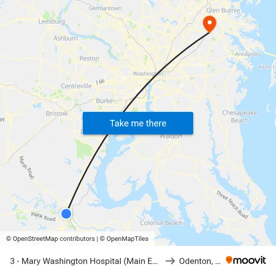 3 - Mary Washington Hospital (Main Entrance) to Odenton, MD map