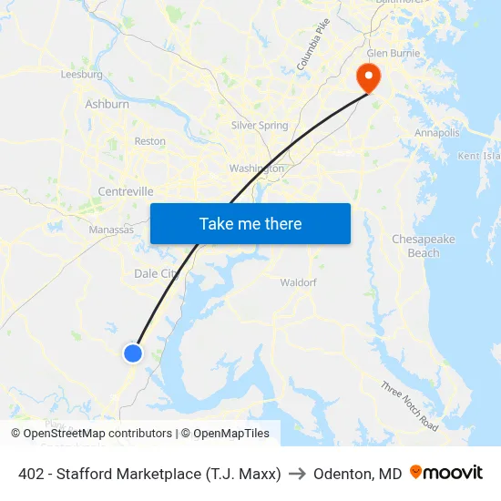 402 - Stafford Marketplace (T.J. Maxx) to Odenton, MD map