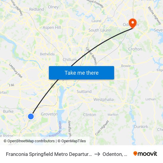 Franconia Springfield Metro Departures to Odenton, MD map