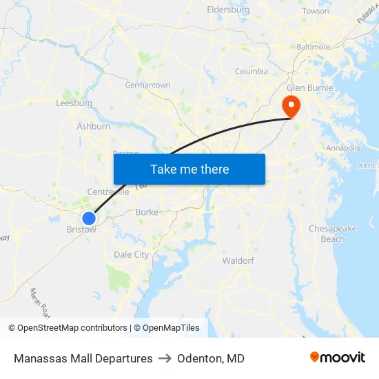 Manassas Mall Departures to Odenton, MD map
