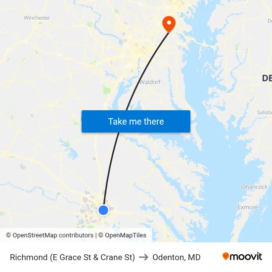 Richmond (E Grace St & Crane St) to Odenton, MD map