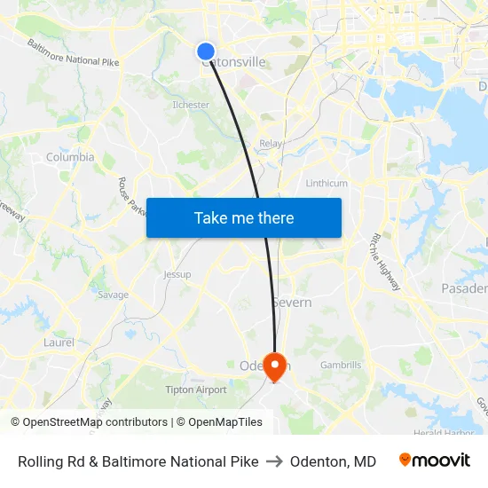 Rolling Rd & Baltimore National Pike to Odenton, MD map