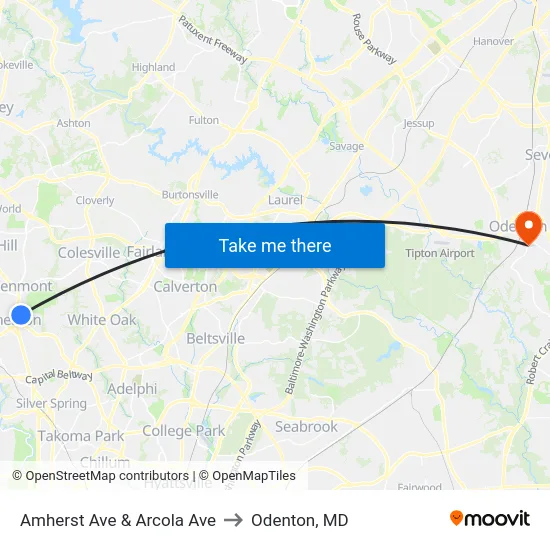 Amherst Ave & Arcola Ave to Odenton, MD map
