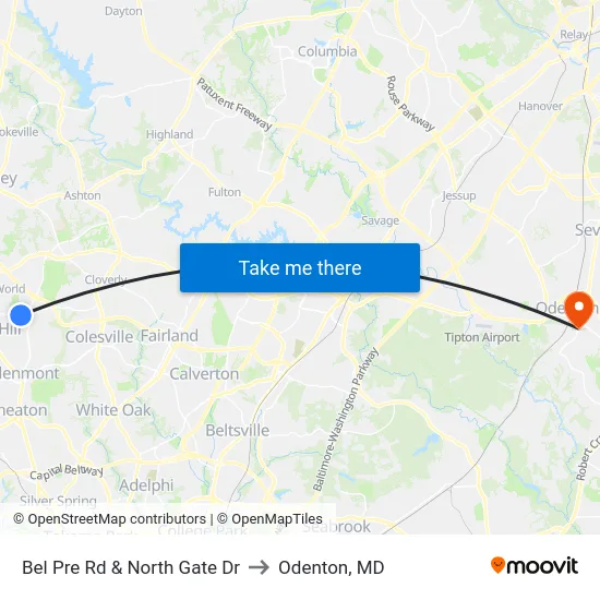 Bel Pre Rd & North Gate Dr to Odenton, MD map