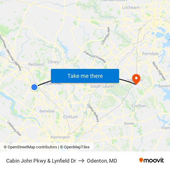 Cabin John Pkwy & Lynfield Dr to Odenton, MD map