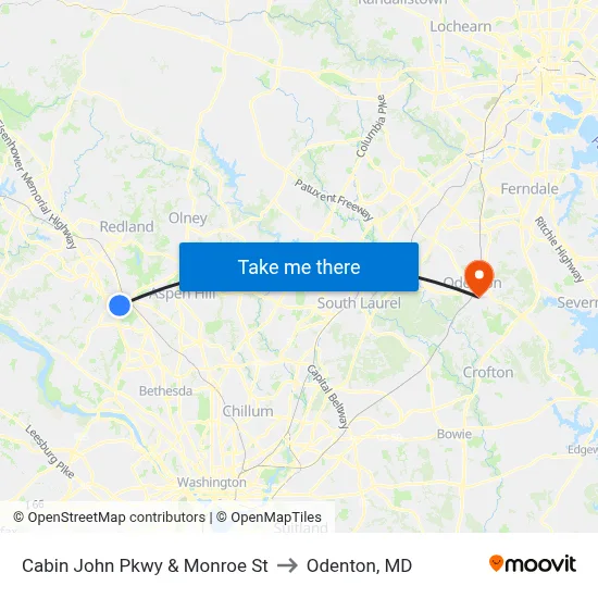 Cabin John Pkwy & Monroe St to Odenton, MD map
