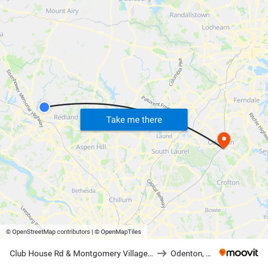 Club House Rd & Montgomery Village Ave to Odenton, MD map