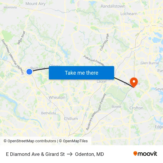 E Diamond Ave & Girard St to Odenton, MD map