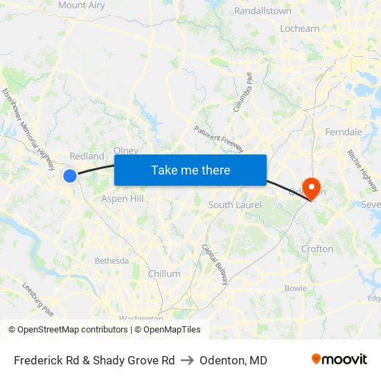 Frederick Rd & Shady Grove Rd to Odenton, MD map