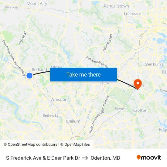S Frederick Ave & E Deer Park Dr to Odenton, MD map