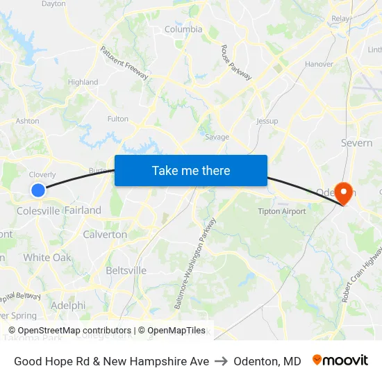 Good Hope Rd & New Hampshire Ave to Odenton, MD map