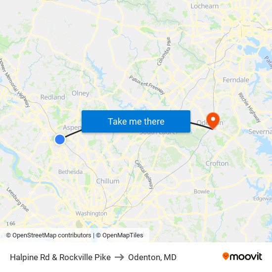 Halpine Rd & Rockville Pike to Odenton, MD map