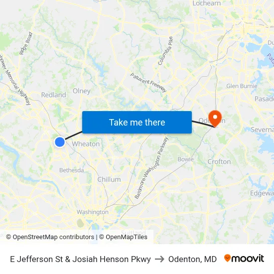 E Jefferson St & Josiah Henson Pkwy to Odenton, MD map