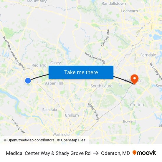 Medical Center Way & Shady Grove Rd to Odenton, MD map