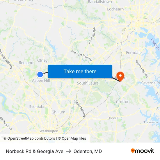 Norbeck Rd & Georgia Ave to Odenton, MD map