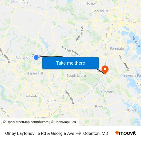 Olney Laytonsville Rd & Georgia Ave to Odenton, MD map