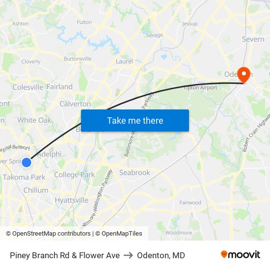 Piney Branch Rd & Flower Ave to Odenton, MD map