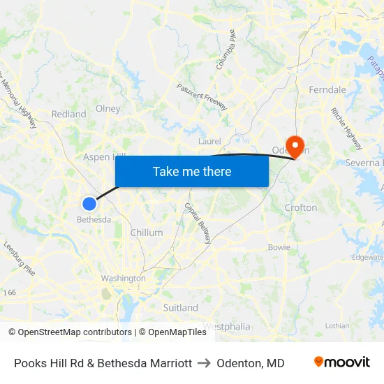 Pooks Hill Rd & Bethesda Marriott to Odenton, MD map