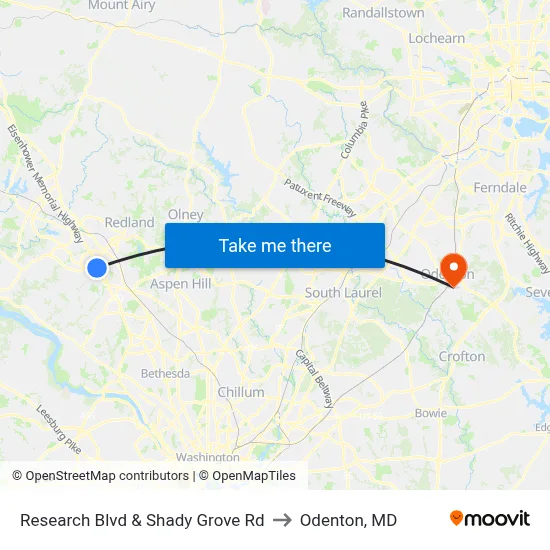 Research Blvd & Shady Grove Rd to Odenton, MD map
