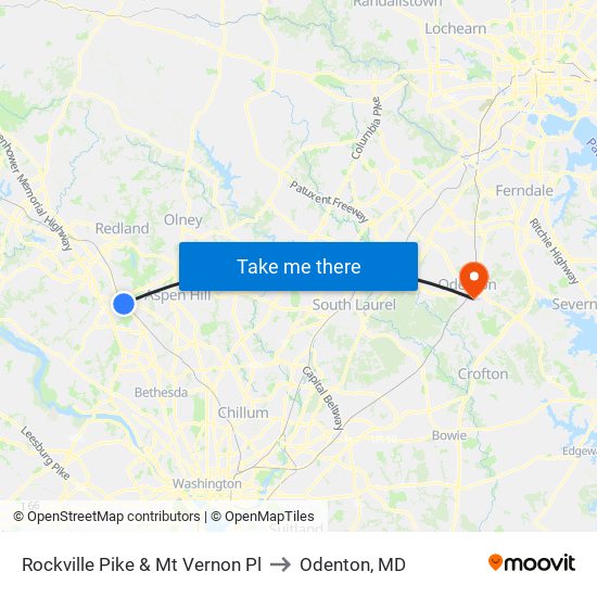 Rockville Pike & Mt Vernon Pl to Odenton, MD map
