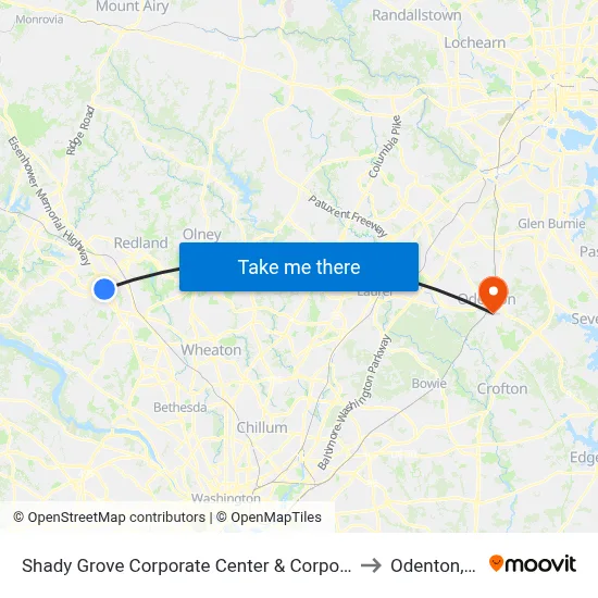 Shady Grove Corporate Center & Corporate Blvd to Odenton, MD map