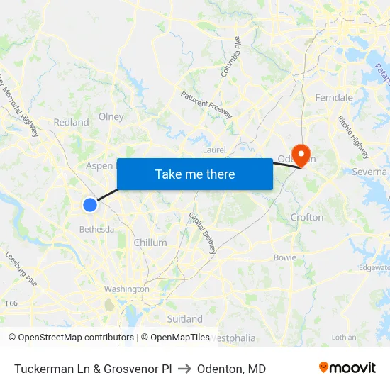Tuckerman Ln & Grosvenor Pl to Odenton, MD map