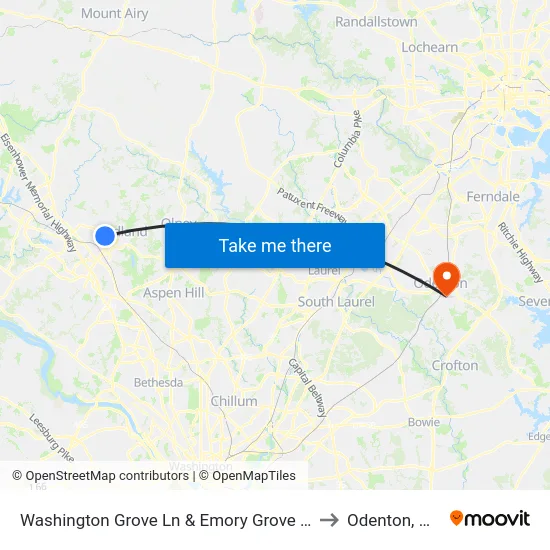 Washington Grove Ln & Emory Grove Rd to Odenton, MD map