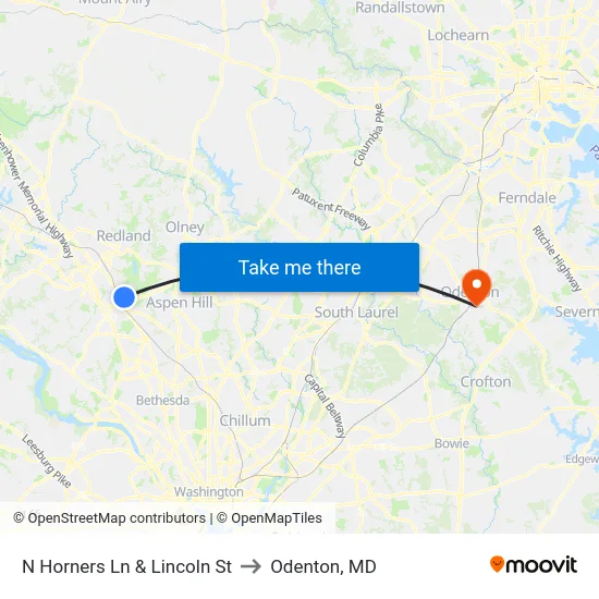 N Horners Ln & Lincoln St to Odenton, MD map