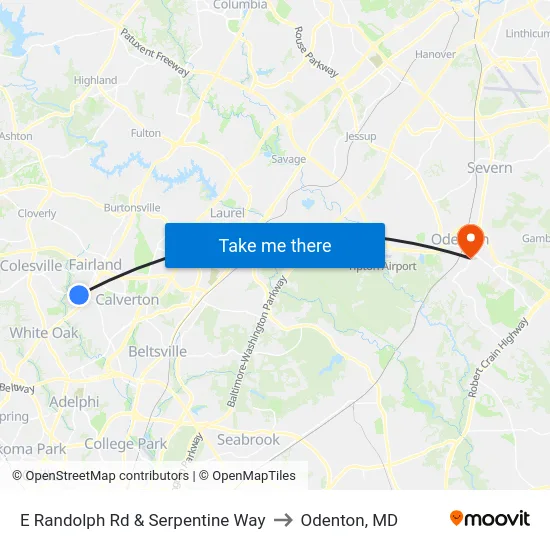 E Randolph Rd & Serpentine Way to Odenton, MD map