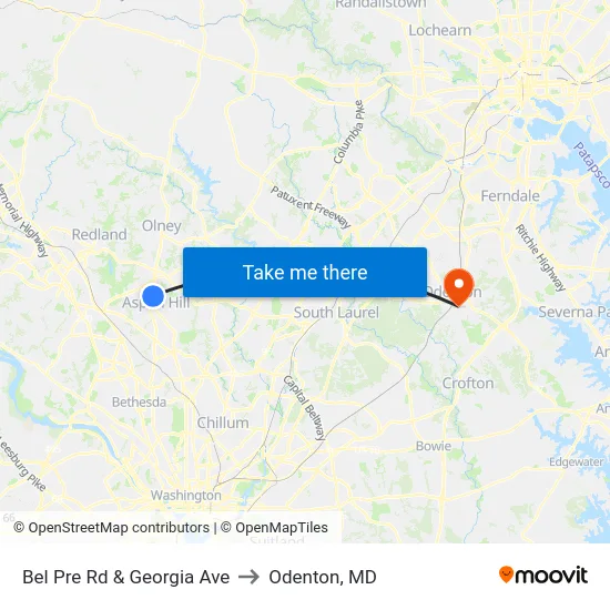 Bel Pre Rd & Georgia Ave to Odenton, MD map