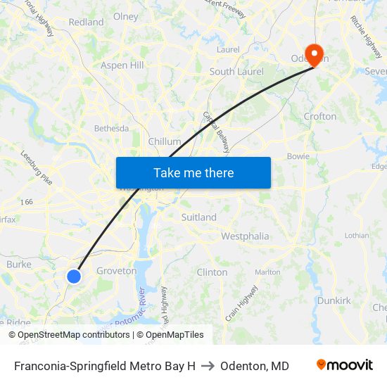 Franconia-Springfield Metro Bay H to Odenton, MD map