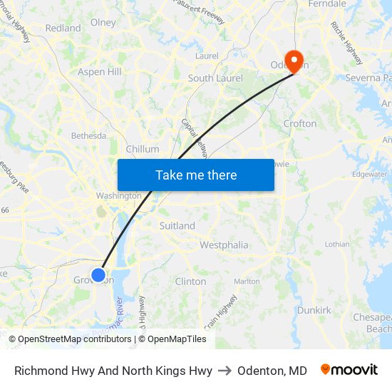 Richmond Hwy And North Kings Hwy to Odenton, MD map