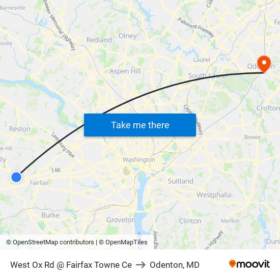 West Ox Rd @ Fairfax Towne Ce to Odenton, MD map