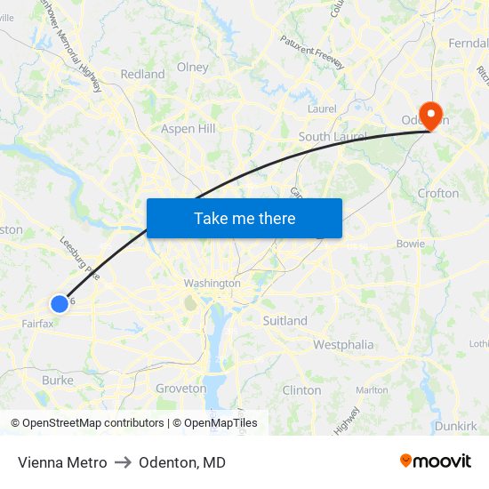 Vienna Metro to Odenton, MD map