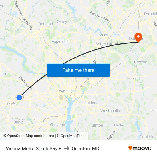 Vienna Metro South Bay R to Odenton, MD map