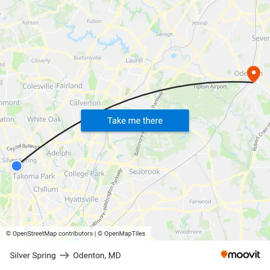 Silver Spring to Odenton, MD map