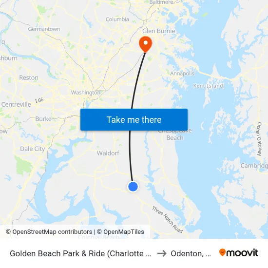 Golden Beach Park & Ride (Charlotte Hall) to Odenton, MD map