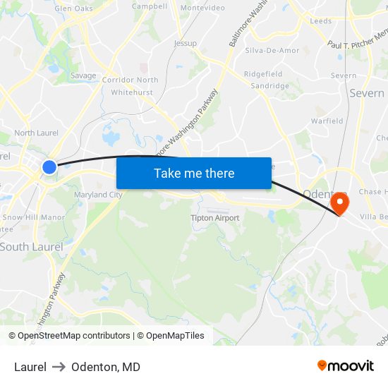 Laurel to Odenton, MD map