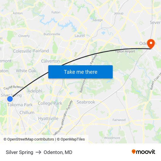 Silver Spring to Odenton, MD map