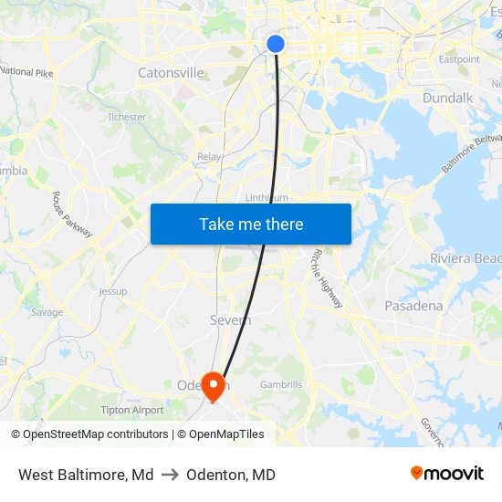 West Baltimore, Md to Odenton, MD map