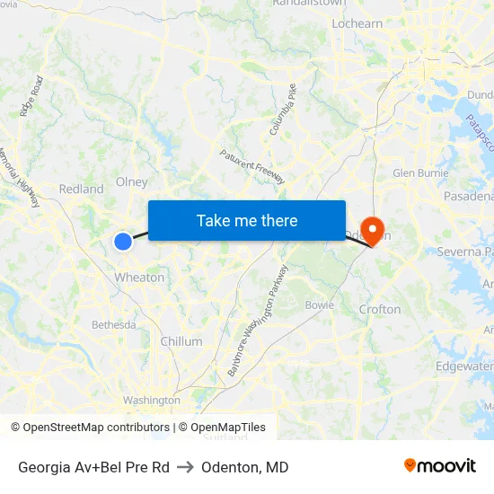 Georgia Av+Bel Pre Rd to Odenton, MD map