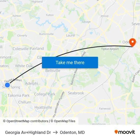 Georgia Av+Highland Dr to Odenton, MD map