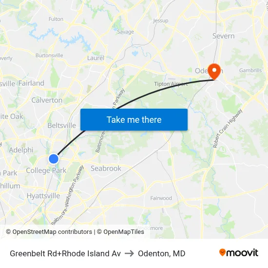 Greenbelt Rd+Rhode Island Av to Odenton, MD map