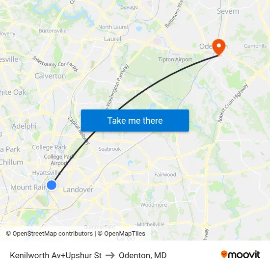 Kenilworth Av+Upshur St to Odenton, MD map