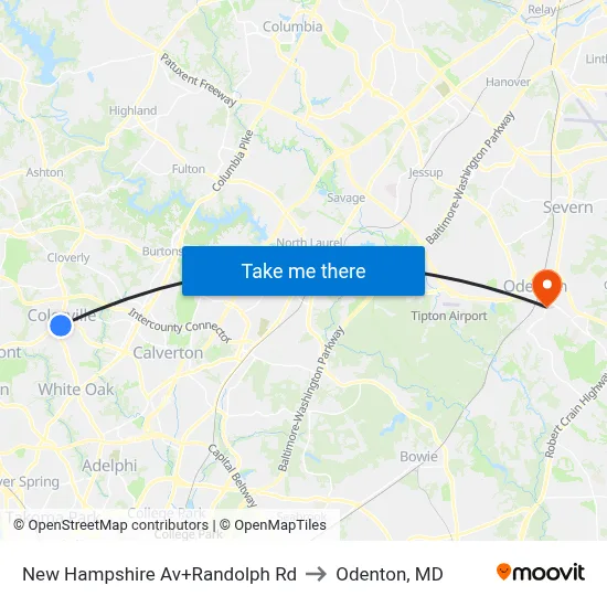 New Hampshire Av+Randolph Rd to Odenton, MD map