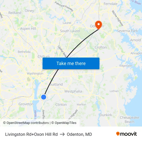 Livingston Rd+Oxon Hill Rd to Odenton, MD map