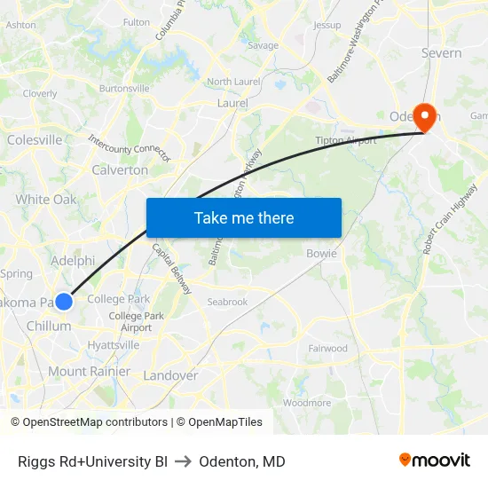 Riggs Rd+University Bl to Odenton, MD map